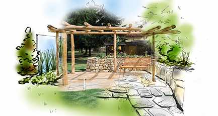 Gartenplanung-Gartengestaltung-Treppe-Natursteinmauer-Pergola